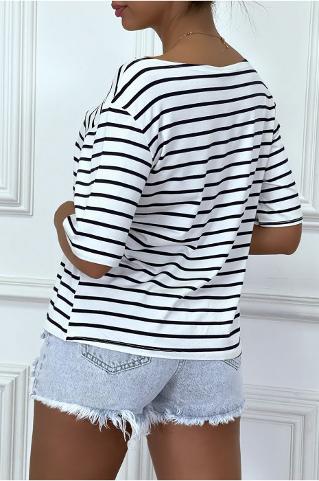 T-shirt style marinière ample blanc, avec manches 3/4 - 1