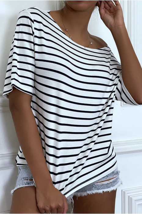 T-shirt style marinière ample blanc, avec manches 3/4 - 3