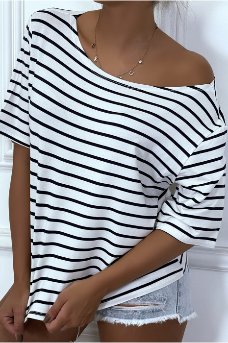 T-shirt style marinière ample blanc, avec manches 3/4 - 4