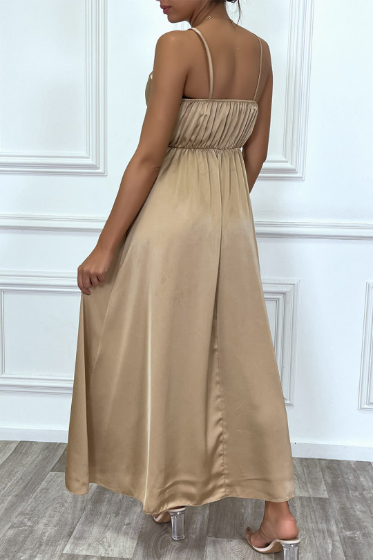 Long flowing taupe satin wrap dress with thin straps and slit - 2