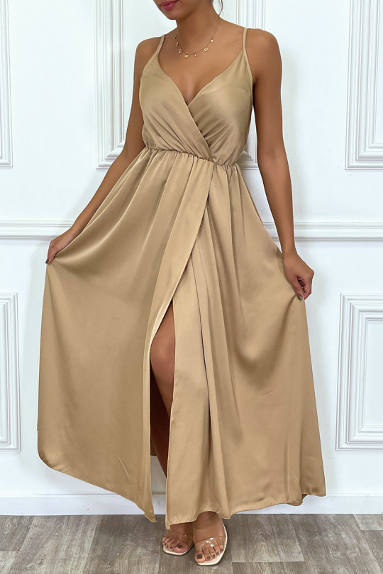 Long flowing taupe satin wrap dress with thin straps and slit - 3