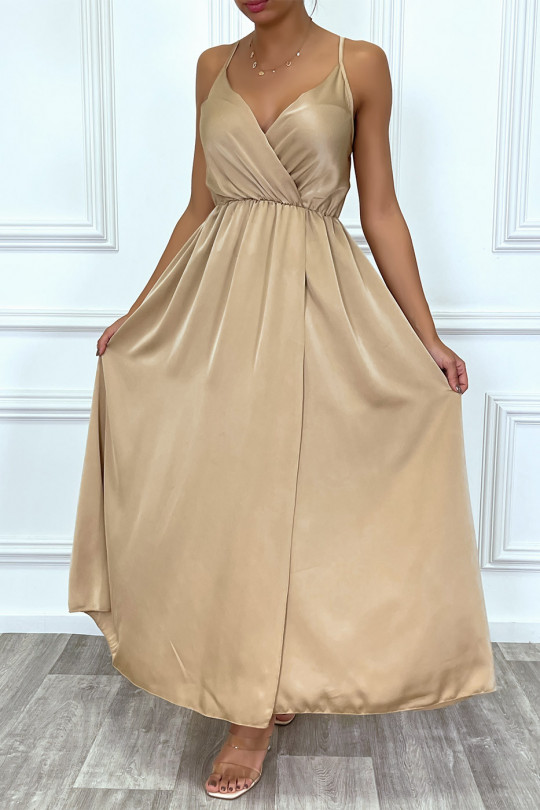 Long flowing taupe satin wrap dress with thin straps and slit - 1