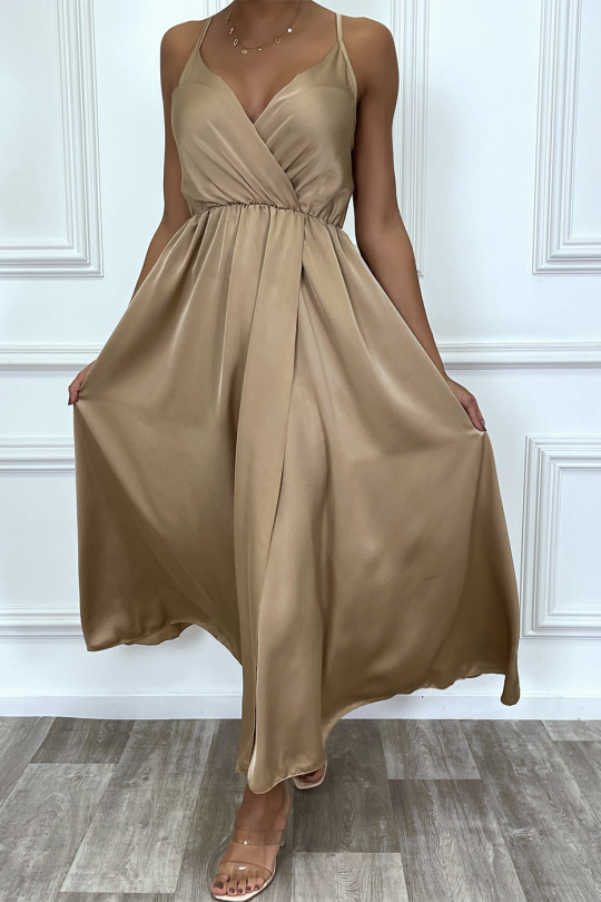 Long flowing taupe satin wrap dress with thin straps and slit - 4