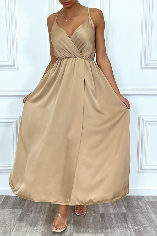 Long flowing taupe satin wrap dress with thin straps and slit - 5