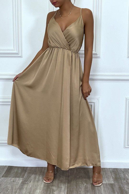 Long flowing taupe satin wrap dress with thin straps and slit - 6