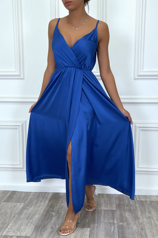 RoLR satin wrapover long flowing royal with thin straps with slit - 4