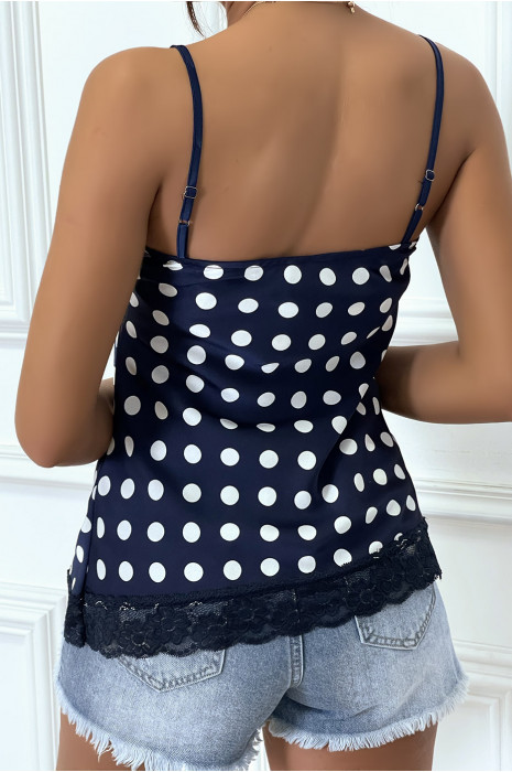 Caraco marine à pois blanc, avec fines bretelles et dentelle - 1