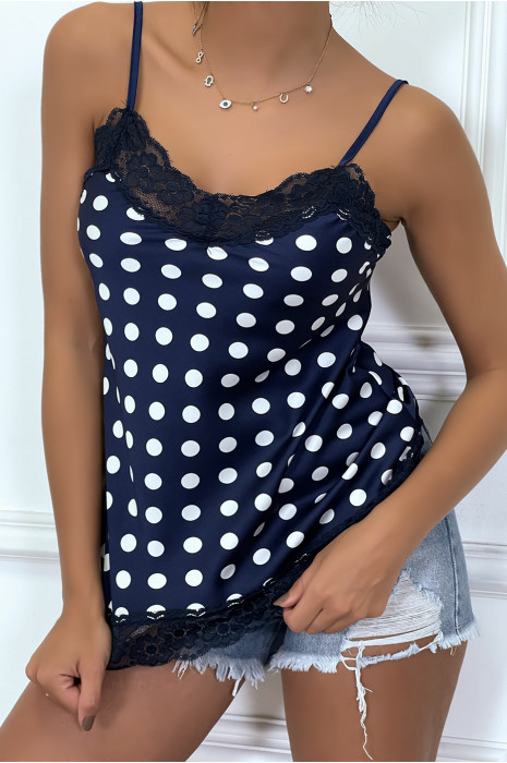 Caraco marine à pois blanc, avec fines bretelles et dentelle - 2