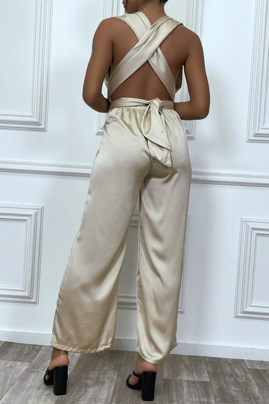 Satin beige jumpsuit with plunging neck, adjustable tie at the back - 5