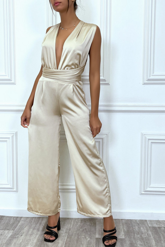 Satin beige jumpsuit with plunging neck, adjustable tie at the back - 4