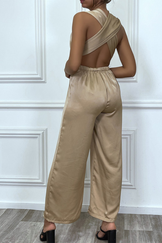 Satin camel jumpsuit with plunging neck, adjustable tie at the back - 4