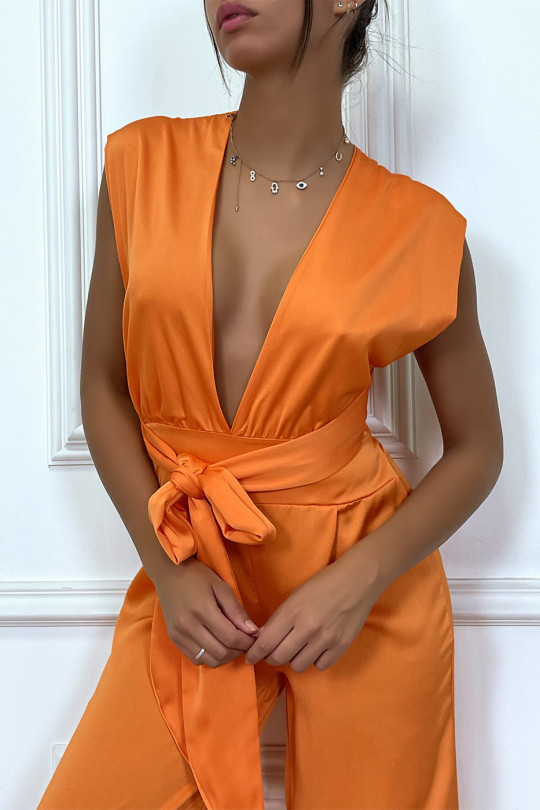 Orange satin jumpsuit with plunging neck and adjustable tie at the back - 4