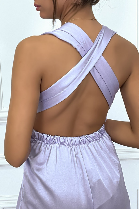 Satijnen lila jumpsuit met diepe nek en verstelbare strikband op de rug - 3