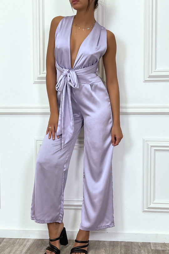 Satin lilac jumpsuit with plunging neck and adjustable tie at the back - 4