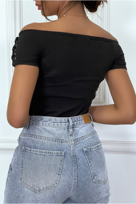 Body noir bustier à manches courtes avec lacets - 1