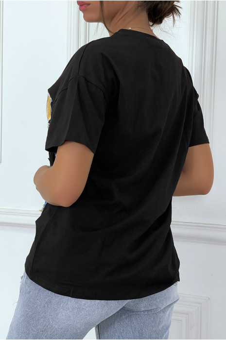 T-shirt noir ample à col rond avec dessin "loup" - 1