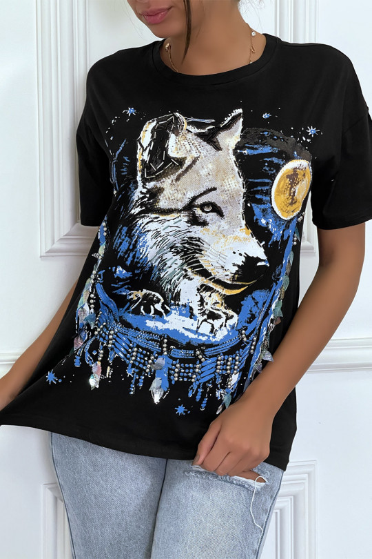 T-shirt noir ample à col rond avec dessin "loup" - 2