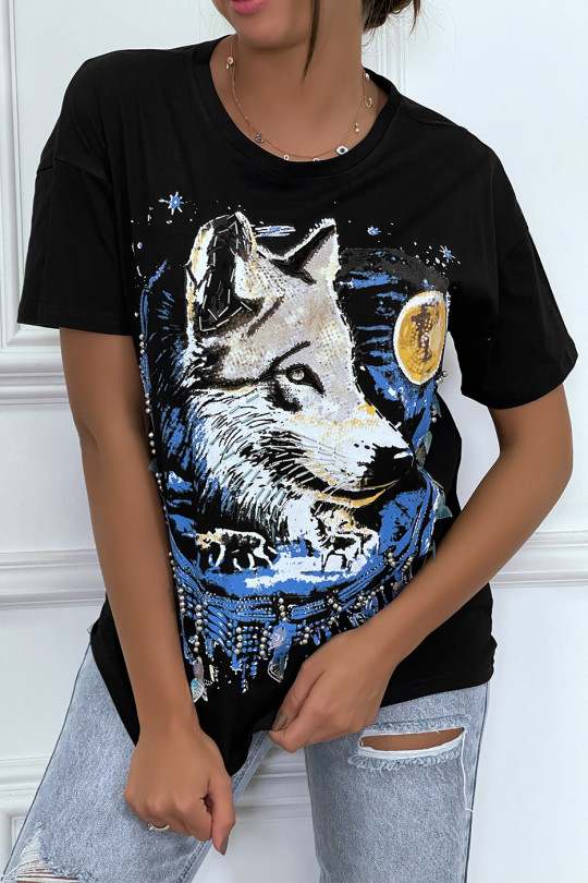 T-shirt noir ample à col rond avec dessin "loup" - 3