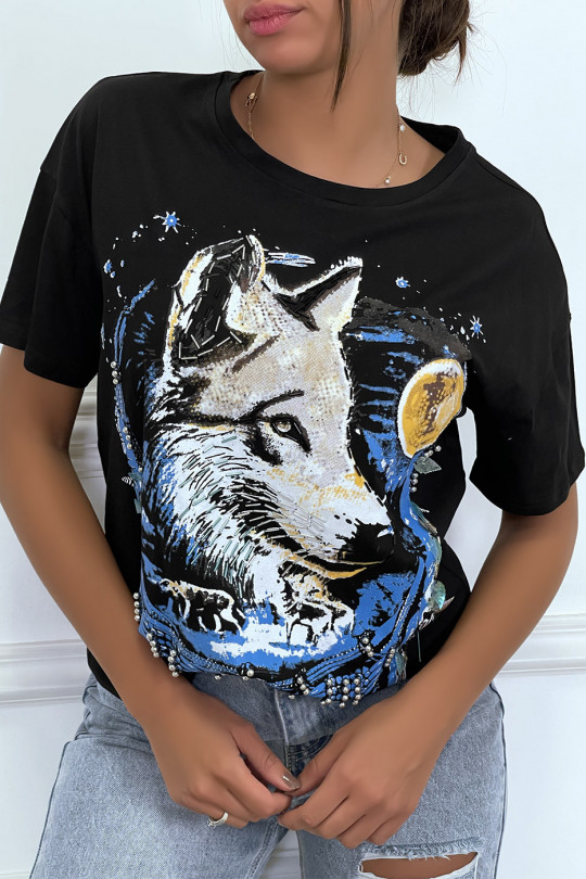 T-shirt noir ample à col rond avec dessin "loup" - 4