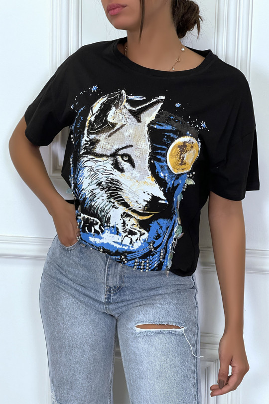 T-shirt noir ample à col rond avec dessin "loup" - 5