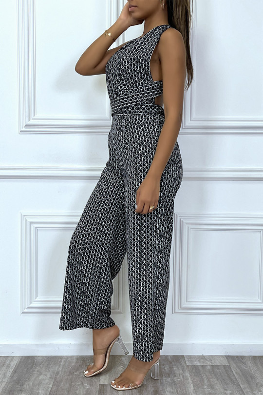 Inspi black jumpsuit with plunging neck and adjustable tie on the back - 3