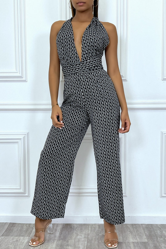 Inspi black jumpsuit with plunging neck and adjustable tie on the back - 1