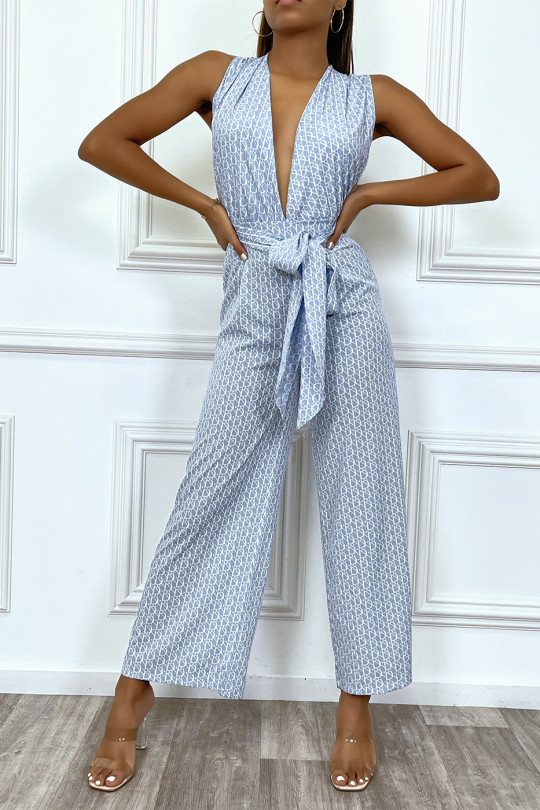 Turquoise inspi jumpsuit with plunging collar and adjustable tie on the back - 4
