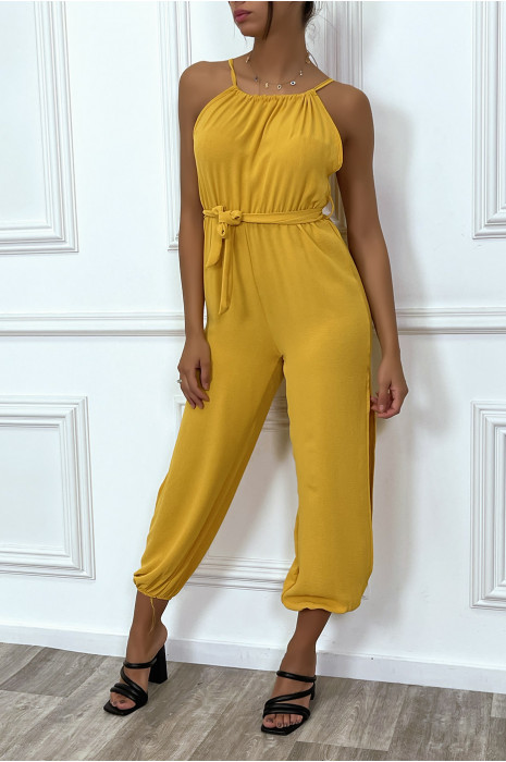 CoMbianaison mosterdkleurige zomerbroek met riem en splitten - 4