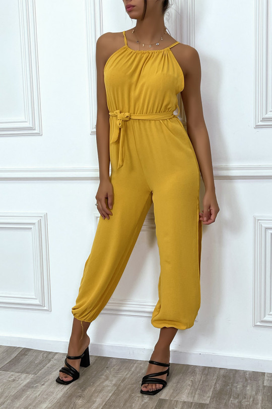Mustard belted summer pantsuit with slits - 4