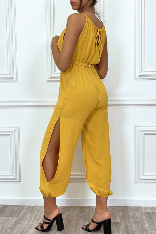 Mustard belted summer pantsuit with slits - 5