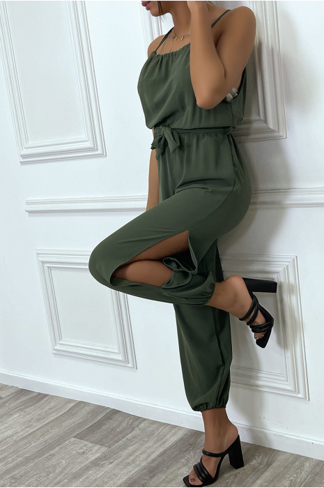 Combianaison pantalon d'été kaki ceinturé avec fentes - 2