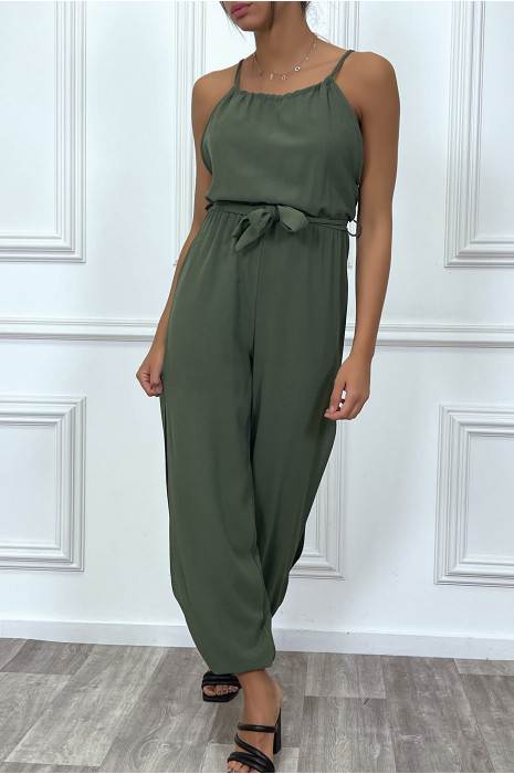 Combianaison pantalon d'été kaki ceinturé avec fentes - 3