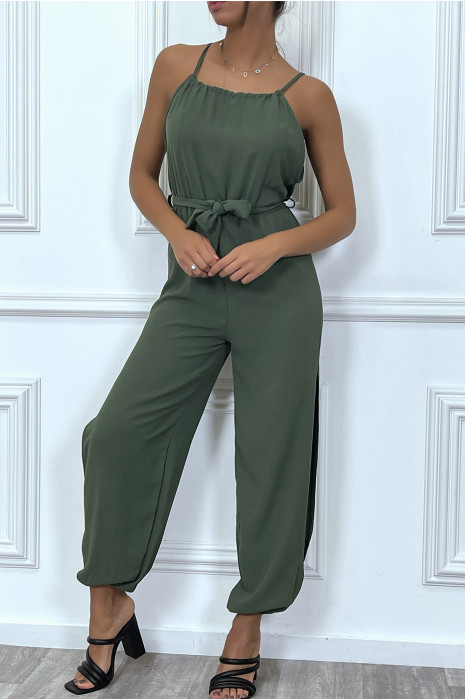 Combianaison pantalon d'été kaki ceinturé avec fentes - 4