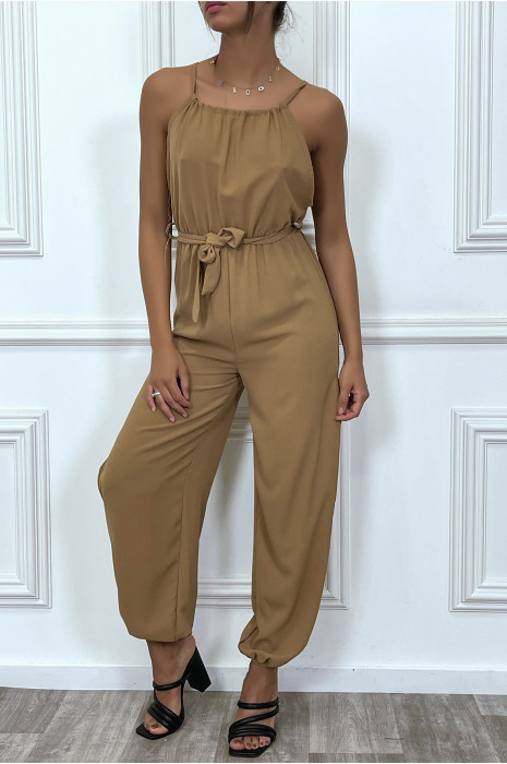 Taupe summer jumpsuit with belt and slits - 1