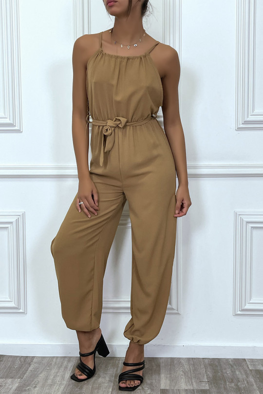 Taupe summer jumpsuit with belt and slits - 1