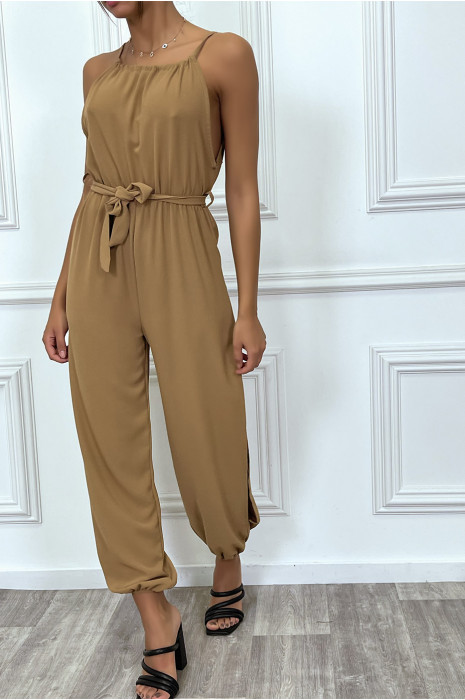 Taupe zomer jumpsuit met riem en splitten - 2