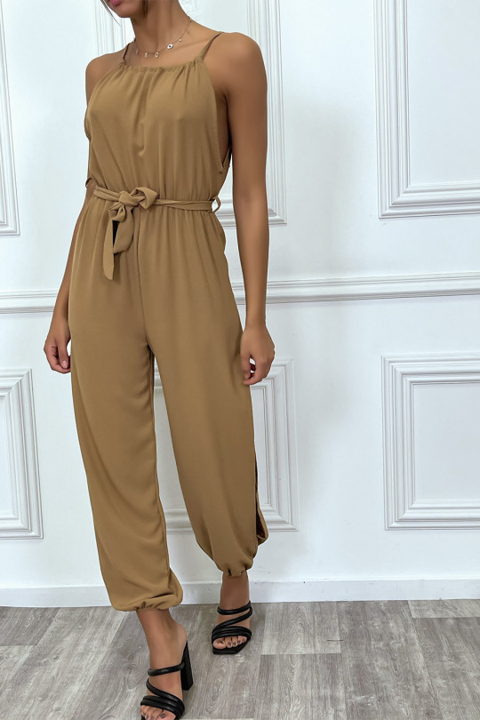 Taupe summer jumpsuit with belt and slits - 2