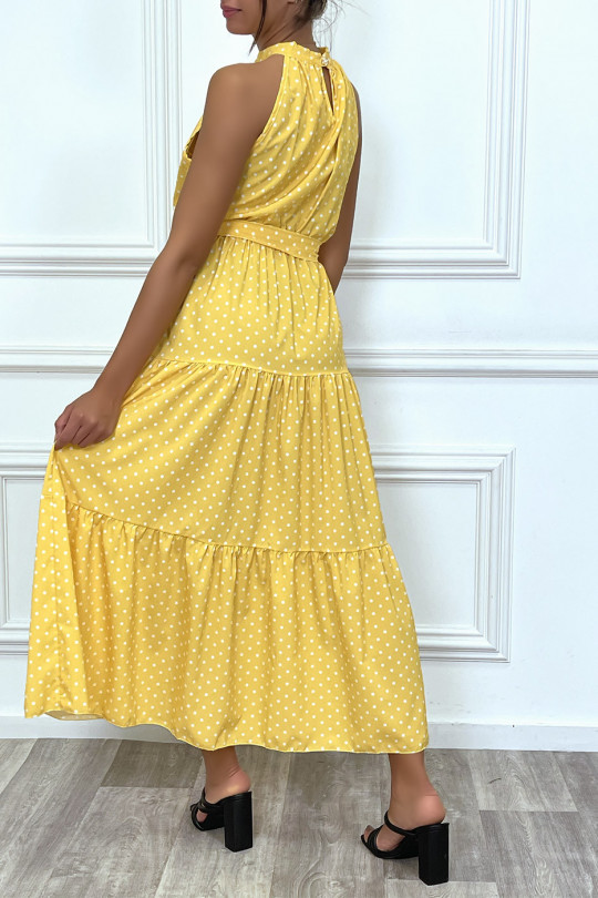Long yellow ruffle dress with small white polka dots with belt - 1