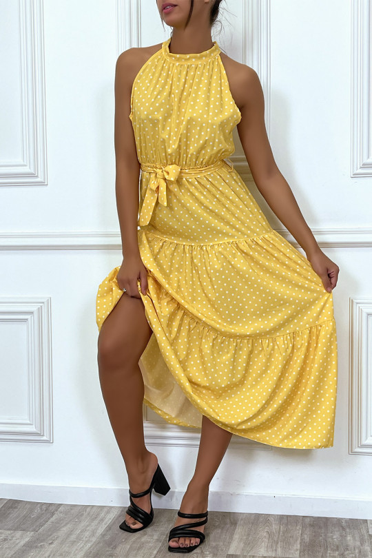 Lange gele ruches jurk met kleine witte stippen met riem - 4