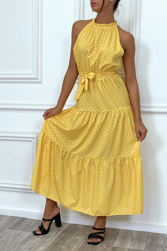 Lange gele ruches jurk met kleine witte stippen met riem - 5