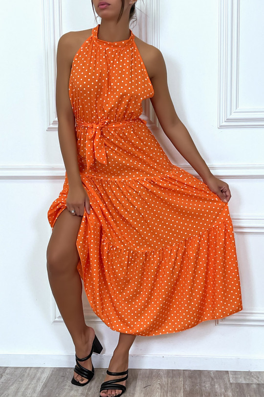Lange oranje ruches jurk met kleine witte stippen met riem - 1