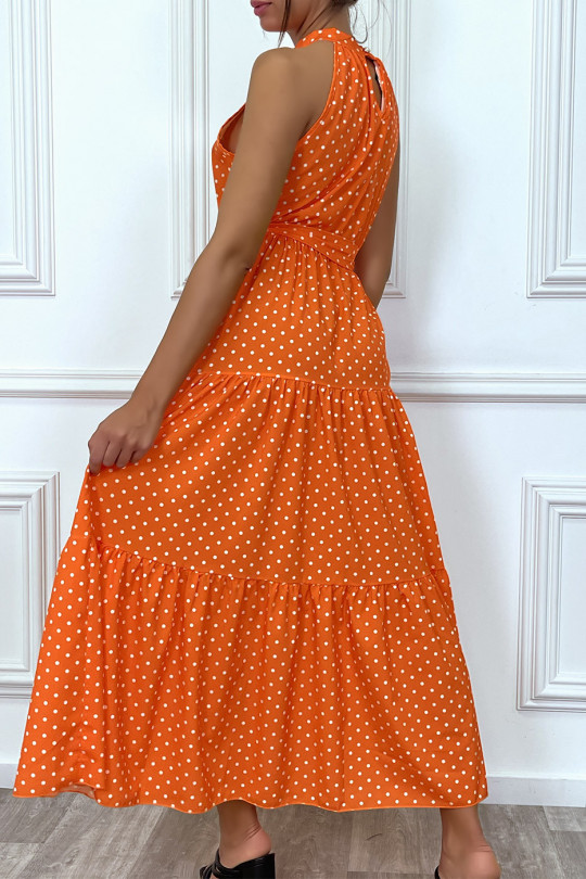 Lange oranje ruches jurk met kleine witte stippen met riem - 2