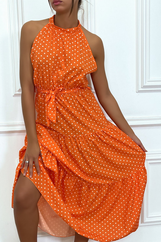 Lange oranje ruches jurk met kleine witte stippen met riem - 3