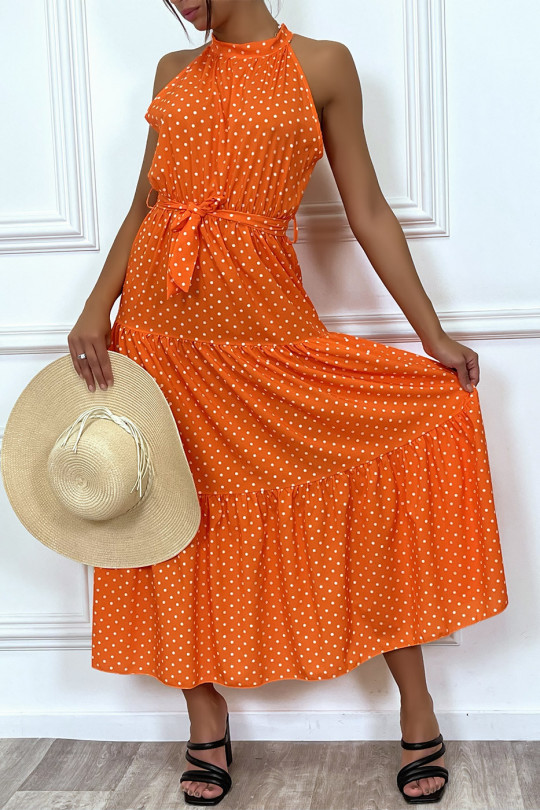 Long orange ruffle dress with small white polka dots with belt - 4