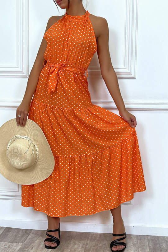 Long orange ruffle dress with small white polka dots with belt - 5