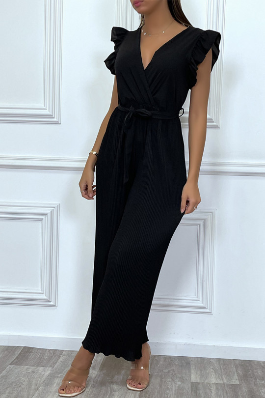 Black sleeveless jumpsuit, pleated and belted pants - 3