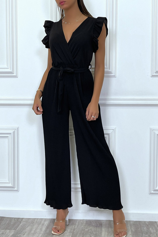 Black sleeveless jumpsuit, pleated and belted pants - 4