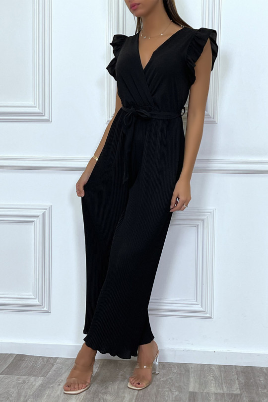 Black sleeveless jumpsuit, pleated and belted pants - 5