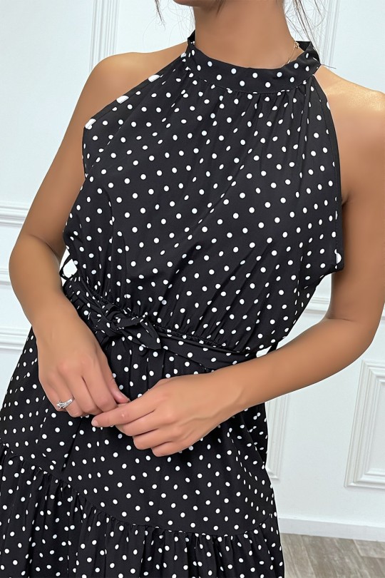 Long black flounce dress with small white polka dots with belt - 1