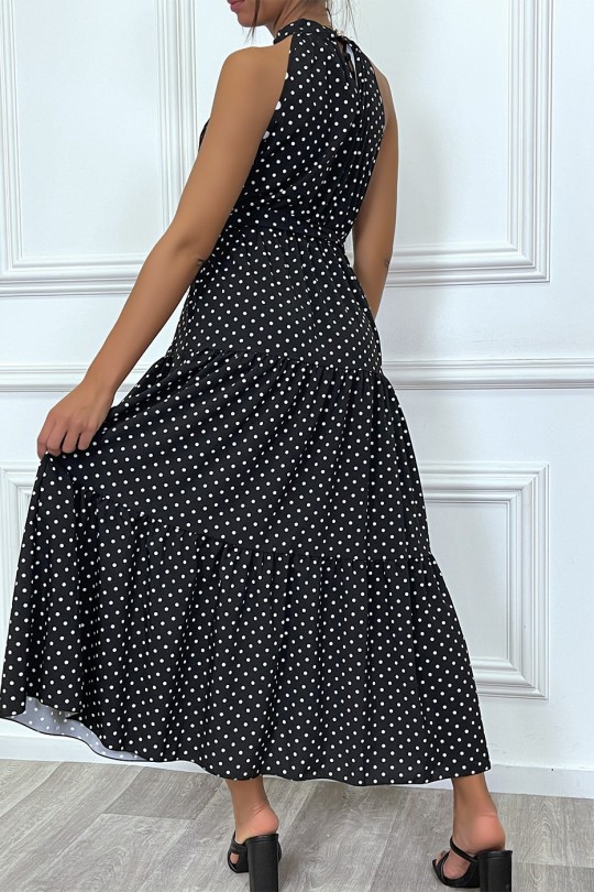 Long black flounce dress with small white polka dots with belt - 2
